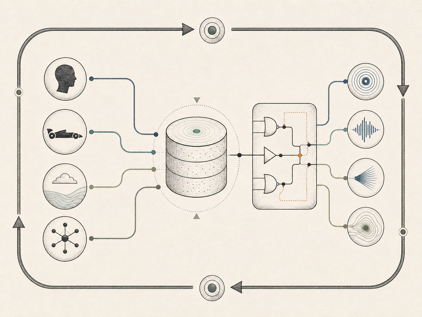 Diagram showing operator, machine, environment, and agent signals flowing through a shared state layer into feedback outputs